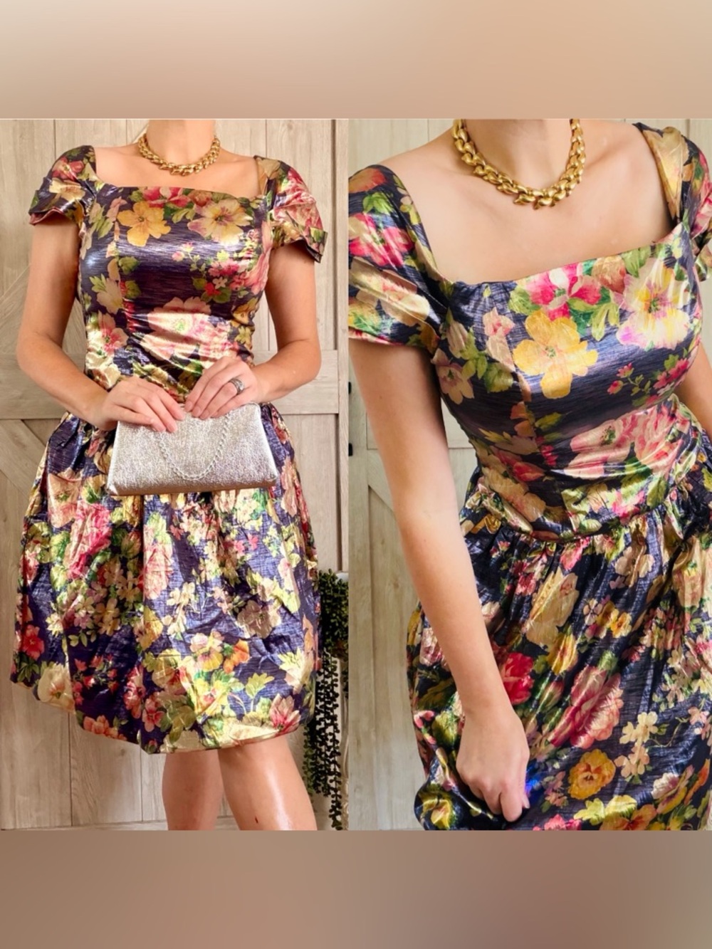 Vintage 80’s Garden Party Metallic Foil Dress GUNNE SAX STYLE
